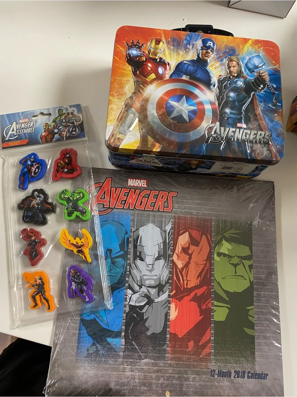Marvel Avengers Tin Lunchbox, erasers and 2018 calendar